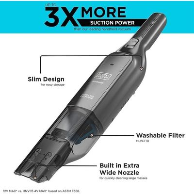 Black + Decker Cordless 12V Handheld Dustbuster Vacuum, 22 Air Watts,14 Mins Runtime, Ultra Wide Extendable Nozzle, Charging Base With 2.0Ah Battery - Hlvc320B11-Gb - 2 Years Warranty