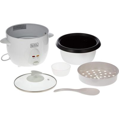 Black + Decker Rice Cooker, 400W, 1L Capacity, Removable Nonstick Bowl, Steaming Tray, Glass Lid, Cool-Touch Design, Auto Warm Function, Water Level Indicator, Quick Meals, 220-240V, White - Rc1050-B5 - 2 Years Warranty