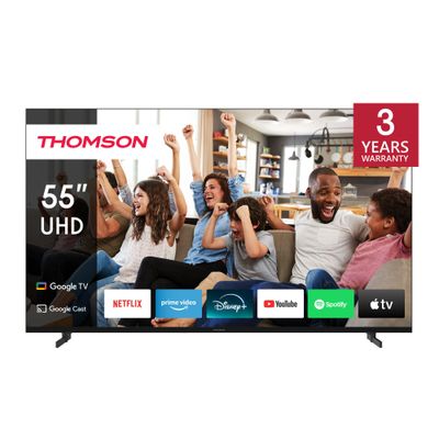 Thomson 55" 4K UHD Smart Google TV â€“ Frameless LED, Voice Remote with Google Assistant, HDR, YouTube & Netflix Built-In, Ultra HD 3840x2160, Side Feet Design, 3-Year Warranty