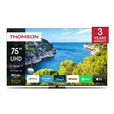 Thomson 75" 4K UHD Google TV â€“ Frameless LED, Swivel Stand, Voice Remote with Google Assistant, Built-In Netflix & YouTube, Ultra HD 3840x2160 Display, 3-Year Warranty