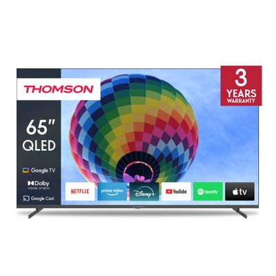 Thomson 65" QLED Google TV â€“ Quantum Dot, Dolby Vision & Atmos, Voice Remote with Google Assistant, Built-In YouTube & Netflix, Frameless Design, Side Feet, Ultra HD Display, 3-Year Warranty