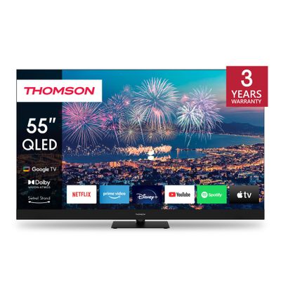Thomson 55" QLED Plus Google TV â€“ Quantum Dot, Dolby Vision & Atmos, Built-In Front Speakers, Chromecast Built-In, Voice Remote with Google Assistant, Frameless 4K UHD Display, 3-Year Warranty