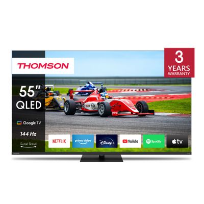 Thomson 55" QLED Pro Google TV â€“ Quantum Dot, 144Hz Refresh Rate, Dolby Vision & Atmos, Chromecast Built-In, Swivel Stand, Voice Remote with Google Assistant, Frameless 4K UHD Display, 3-Year Warranty