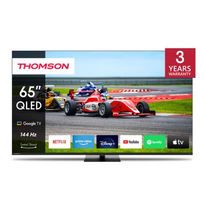 Thomson 65" QLED Pro Google TV â€“ Quantum Dot, 144Hz Refresh Rate, Dolby Vision & Atmos, Chromecast Built-In, Swivel Stand, Voice Remote with Google Assistant, Frameless 4K UHD Display, 3-Year Warranty