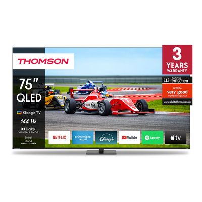 Thomson 75" QLED Pro Google TV â€“ Quantum Dot, 144Hz Refresh Rate, Dolby Vision & Atmos, Swivel Stand, Voice Remote with Google Assistant, Frameless 4K UHD Display, Premium Design, 3-Year Warranty