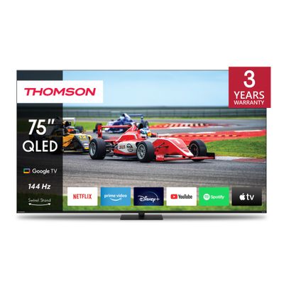 Thomson 75" QLED Pro Google TV â€“ Quantum Dot, 144Hz Refresh Rate, Dolby Vision & Atmos, Swivel Stand, Voice Remote with Google Assistant, Frameless 4K UHD Display, Premium Design, 3-Year Warranty