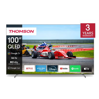Thomson 100" QLED Pro Google TV â€“ Quantum Dot, 144Hz Refresh Rate, Dolby Vision & Atmos, Voice Remote with Google Assistant, Frameless 4K UHD Display, Side Feet Stand, 3-Year Warranty