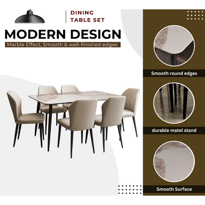Top Morble 7-Pieces Dining Sets, 1 Piece Rectangular Table With with 6 Chairs Modern Design Furniture for Home, Dining Room, Cafeteria
