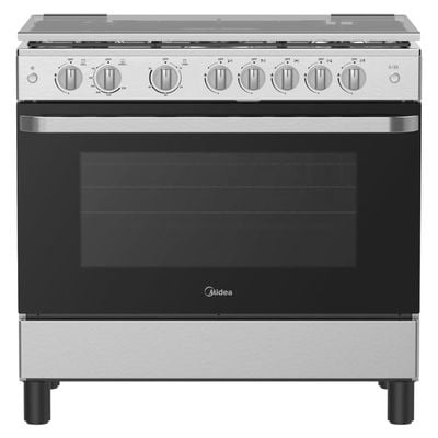 Midea Freestanding Cooker | 90 x 60cm | Full Gas Cooking Range with 5 Burners | Automatic Ignition & Full Safety | Cast Iron Pan Support | Stainless Steel Finish | Separate Knob for Oven & Grill | MFO-MG36LE-SS