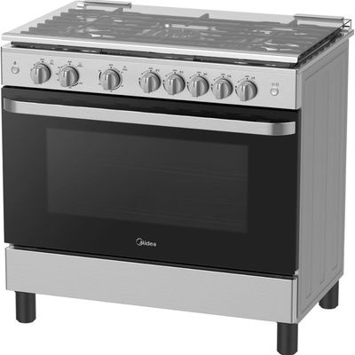Midea Freestanding Cooker | 90 x 60cm | Full Gas Cooking Range with 5 Burners | Automatic Ignition & Full Safety | Cast Iron Pan Support | Stainless Steel Finish | Separate Knob for Oven & Grill | MFO-MG36LE-SS