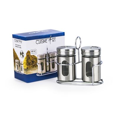 Cuisine Art 2 Pcs Soda Lime Glass Salt Pepper Set, 100ml, Silver
