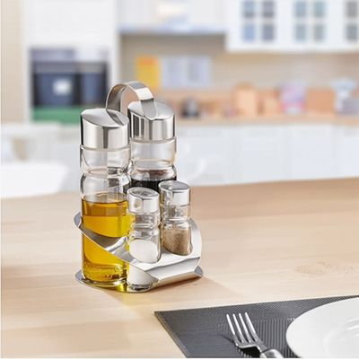 Cuisine Art Soda Lime Glass Cruet Set with Stainless Steel Stand, 4 Pieces, Transparent