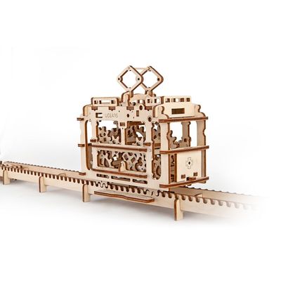 Ugears, Made in Europe, 3D Wooden Puzzle Tram with Rails, Mechanical Model Kit with 154 Parts, DIY, Self-Assembly, Woodcraft Construction Toy, Perfect for Gifting, No Glue Needed, Brown, UGR-70008