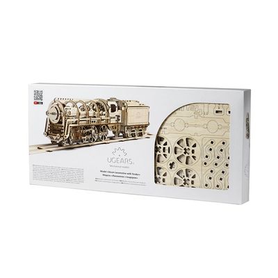 Ugears, Made in Europe, 3D Wooden Puzzle Steam Train Locomotive with Tender Educational STEM Learning DIY Woodcraft Construction Toy for Adults & Kids, Perfect for Gifting, No Glue Needed, UGR-70012