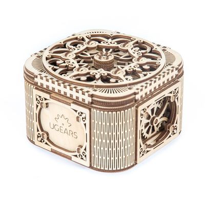 Ugears, Made in Europe, 3D Wooden Puzzle Treasure Box, Mechanical Model Kit with190 Parts DIY, Self-Assembly, Woodcraft Construction Toy, Perfect for Gifting, No Glue Needed, Brown/White, UGR-70031