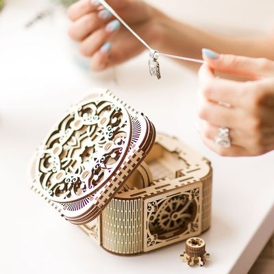 Ugears, Made in Europe, 3D Wooden Puzzle Treasure Box, Mechanical Model Kit with190 Parts DIY, Self-Assembly, Woodcraft Construction Toy, Perfect for Gifting, No Glue Needed, Brown/White, UGR-70031