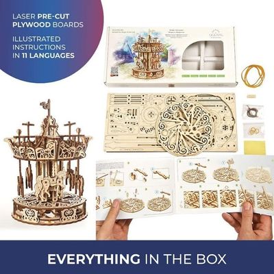 Ugears, Made in Europe, 3D Wooden Carousel Puzzle, Mechanical Model Kit with Moving Horses, DIY, Self-Assembly, Mechanical Merry-Go-Round Model, Perfect for Gifting, No Glue Needed, UGR-70129
