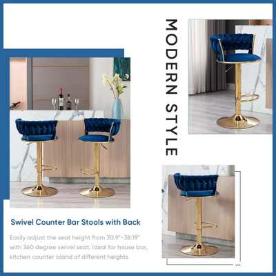 Modern Cafe Bar Stool Chair With Golden Metal Frame (Blue)