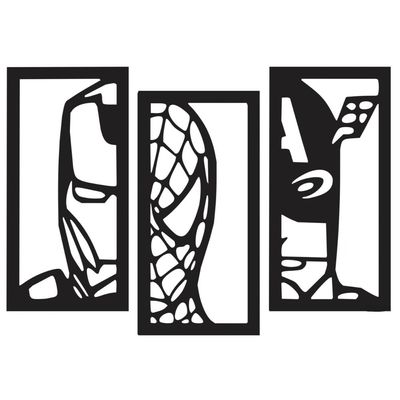Wooden Wall Art With Self Adhesive Base - Black (Marvel Heroes - Spiderman, Batman, Ironman - 3 Frames)