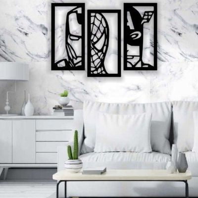 Wooden Wall Art With Self Adhesive Base - Black (Marvel Heroes - Spiderman, Batman, Ironman - 3 Frames)