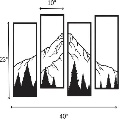 Wooden Wall Art With Self Adhesive Base - Black (Mountains & Pine Trees - 4 Frames)