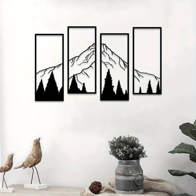 Wooden Wall Art With Self Adhesive Base - Black (Mountains & Pine Trees - 4 Frames)