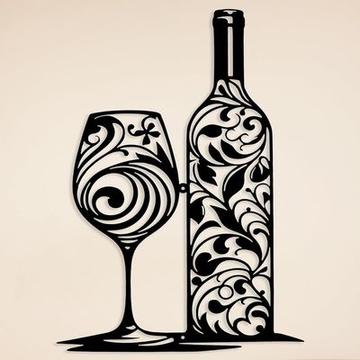 Wooden Wall Art With Self Adhesive Base - Black (Bottle & Glass)