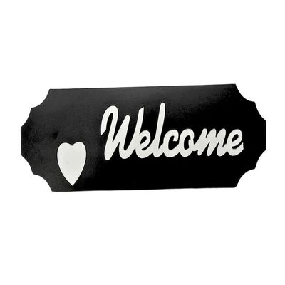 Wooden Wall Art With Self Adhesive Base - Black (Welcome With Heart - White Fonts)