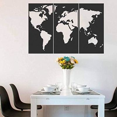 Wooden Wall Art With Self Adhesive Base - Black (World Map in 3 Black Frames)