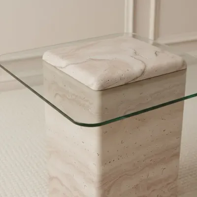 Latte Side Table Travertine Engineered travertine with tempered glass top L55xW50xH55