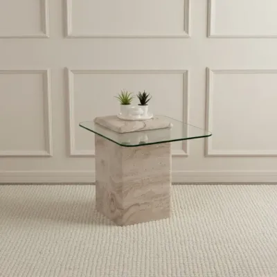 Latte Side Table Travertine Engineered travertine with tempered glass top L55xW50xH55