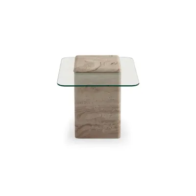 Latte Side Table Travertine Engineered travertine with tempered glass top L55xW50xH55