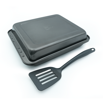 3-Piece Square Non-Stick Roasting Tray Set with Coating, Oven Bakeware Tray with Lid and Spatula, Steel Baking Dish for Roasting, Lasagna, Vegetables, Chicken â€“36 Ã— 29 Ã— 5.5 cm