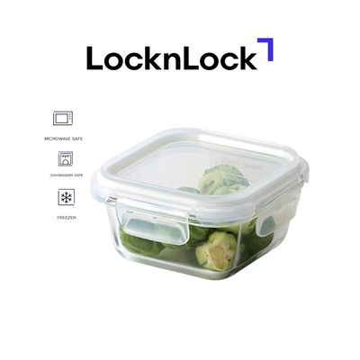 LocknLock Tempered Glass Square 320ml – Airtight Food Container with 4-Side Locking Lid, Microwave, Freezer & Dishwasher Safe