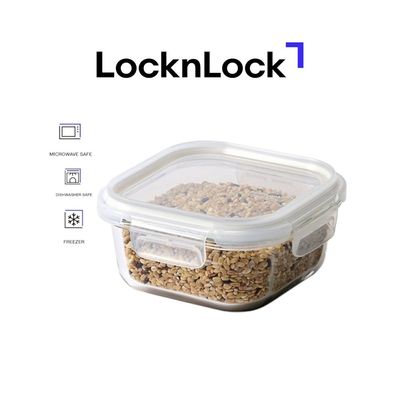 LocknLock Tempered Glass Square 520ml – Airtight Food Container with 4-Side Locking Lid, Microwave, Freezer & Dishwasher Safe