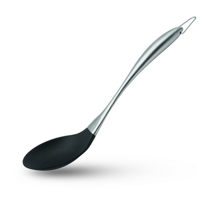 Beram Silicone Serving Spoon 6.6Ã—34cm Heat Resistant Kitchen Spoon with Stainless Steel Curved Handle BPA-Free, Non-Stick Safe, Ergonomic Design for Stirring, Mixing & Serving-Black
