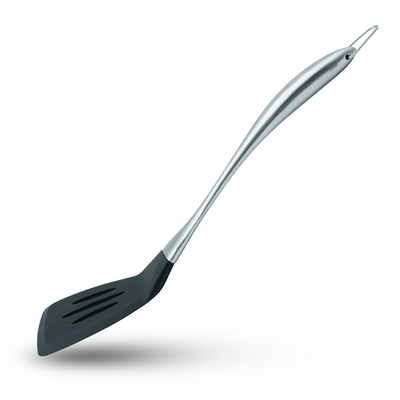 Beram Slotted Turner  8Ã—35cm Silicone Turner with Curved Stainless Steel Handle  Heat Resistant, BPA-Free, Non-Stick Safe Kitchen Spatula for Frying, Flipping, and Grilling-Black