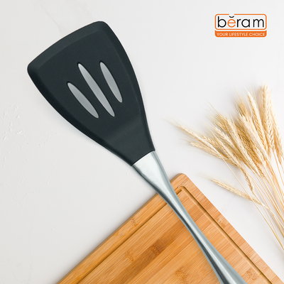 Beram Slotted Turner  8Ã—35cm Silicone Turner with Curved Stainless Steel Handle  Heat Resistant, BPA-Free, Non-Stick Safe Kitchen Spatula for Frying, Flipping, and Grilling-Black