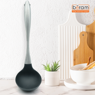 Beram Black Silicon Soup Ladle  8.7 Ã— 31.5 cm With Stainless Steel Curved Handles & Heat Resistant,Scratch Resistant,BPA Free Kitchen Utensil For Serving,Stirring and Scooping (Soup Ladle)