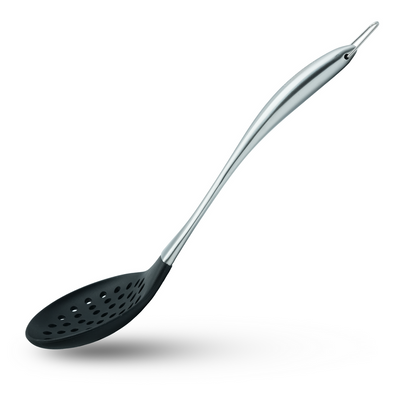 Beram Black Silicon Skimmer Heat Resistant Strainer with Curved Stainless Steel Handle BPA Free Heat Safe Non-Stick Safe Kitchen Tool For Draining & Serving 10.2x35cm