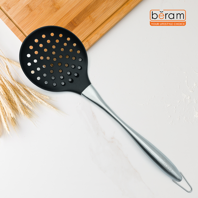 Beram Black Silicon Skimmer Heat Resistant Strainer with Curved Stainless Steel Handle BPA Free Heat Safe Non-Stick Safe Kitchen Tool For Draining & Serving 10.2x35cm