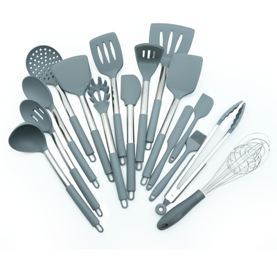 Beram 16-Piece Silicone Kitchen Set with Stainless Steel Handles Heat Resistant Non-Stick Safe BPA-Free Cooking Tools Spatulas Turner Spoon Tongs Whisk Ladle & Moreâ€“Grey (16Pcs Set)