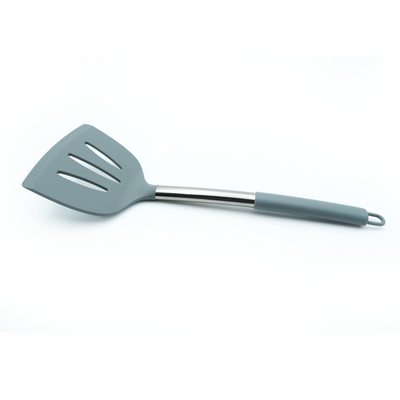 Beram Large Silicone Slotted Shovel with Stainless Steel Handle Heat Resistant BPA-Free Non-Stick Safe Turner Spatula for Frying Flipping Cooking Grilling-Grey(Single Slotted Shovel)