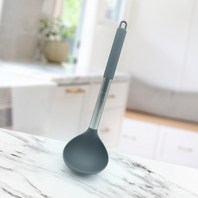 Beram Silicone Soup Ladle with Stainless Steel Handle Heat Resistant BPA Free Non-Stick Safe Kitchen Utensil for Serving Soups Stews Curries & Saucesâ€“Grey (Single Soup Ladle Tool)