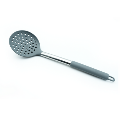 Beram Silicone Skimmer with Stainless Steel Handleâ€“Heat Resistant BPA-Free Non-Stick Safe Strainer Spoon for Frying Boiling Scooping & Draining Foodâ€“Grey (Single Skimmer Utensil Tool)