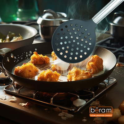 Beram Silicone Skimmer with Stainless Steel Handleâ€“Heat Resistant BPA-Free Non-Stick Safe Strainer Spoon for Frying Boiling Scooping & Draining Foodâ€“Grey (Single Skimmer Utensil Tool)