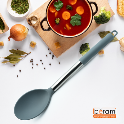Beram Silicone Serving Spoon with Stainless Steel Handle Heat Resistant BPA Free Non-Stick Safe Kitchen Utensil for Stirring Mixing Scooping & Serving Foodâ€“Grey (Single Serving Spoon)
