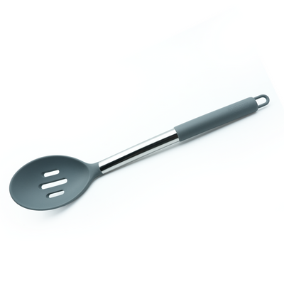 Beram Silicone Slotted Spoon with Stainless Steel Handle Heat Resistant BPA Free Non-Stick Safe Kitchen Utensil for Serving Stirring, Scooping & Drainingâ€“ Grey (Single Slotted Spoon)