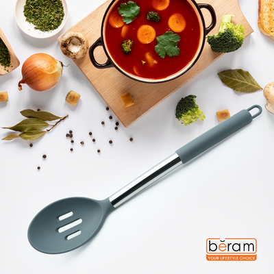 Beram Silicone Slotted Spoon with Stainless Steel Handle Heat Resistant BPA Free Non-Stick Safe Kitchen Utensil for Serving Stirring, Scooping & Drainingâ€“ Grey (Single Slotted Spoon)