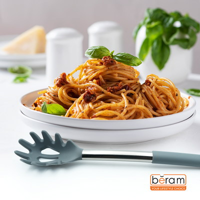 Beram Silicone Pasta Server with Stainless Steel Handleâ€“Heat Resistant BPA-Free Non-Stick Safe Spaghetti Spoon for Serving Stirring Cooking Noodles & Pastaâ€“Grey (Single Pasta Server)
